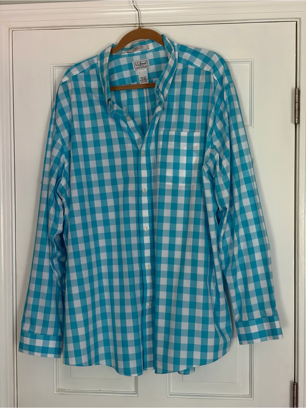 L.L. Bean Men’s Turquoise and White Gingham Button-Down Shirt